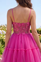 Laden Sie das Bild in den Galerie-Viewer, Glitzerndes Fuchsia A Line geblümtes Korsett, kurzes Korsett, Spaghetti-Träger, Homecoming-Kleid