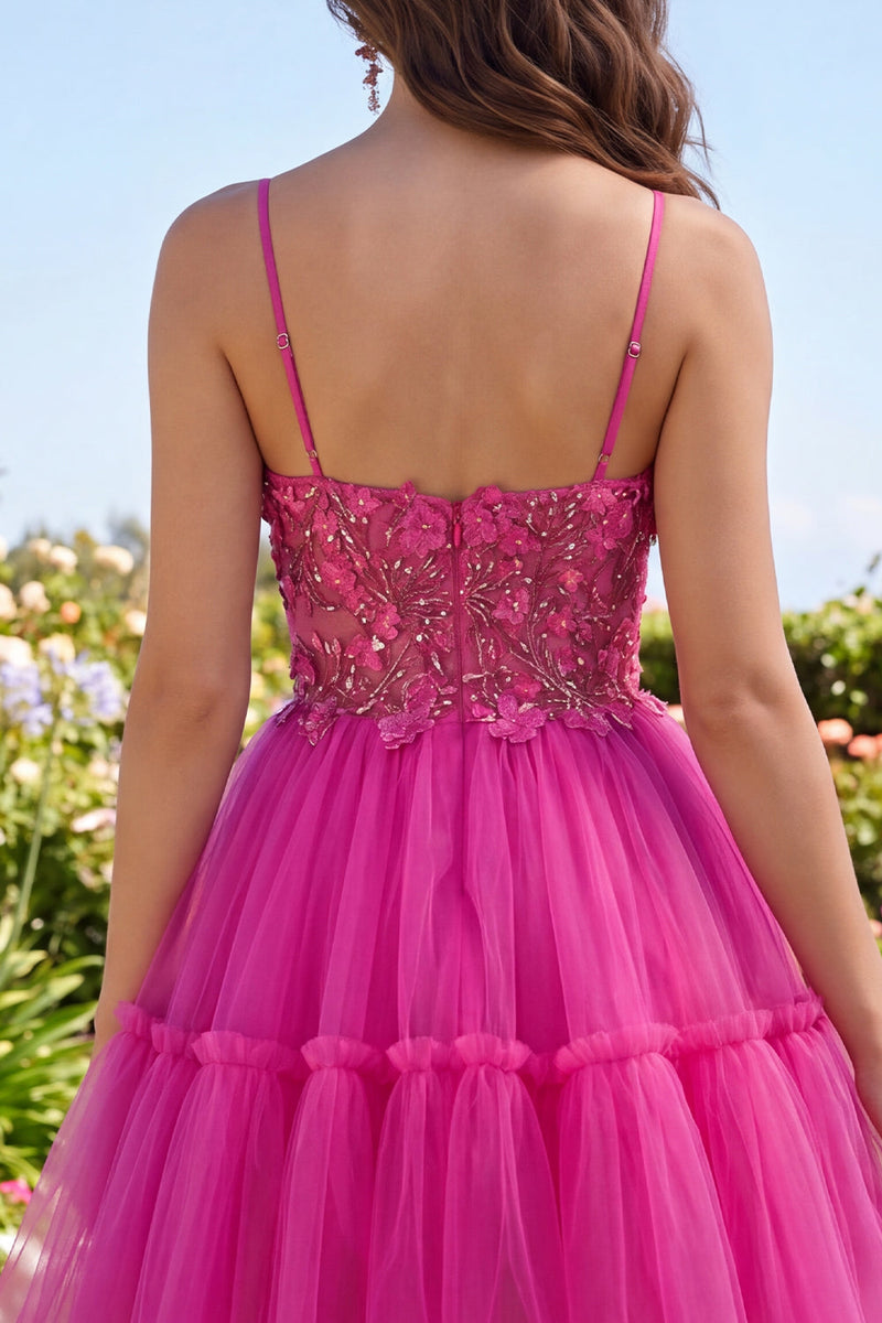 Laden Sie das Bild in den Galerie-Viewer, Glitzerndes Fuchsia A Line geblümtes Korsett, kurzes Korsett, Spaghetti-Träger, Homecoming-Kleid