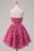 Laden Sie das Bild in den Galerie-Viewer, Glitzerndes fuchsiafarbenes Blumenkleid mit einem Schnitt aus Perlen und kurzem Homecoming-Kleidungskleid