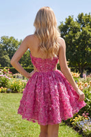 Laden Sie das Bild in den Galerie-Viewer, Glitzerndes fuchsiafarbenes Blumenkleid mit einem Schnitt aus Perlen und kurzem Homecoming-Kleidungskleid