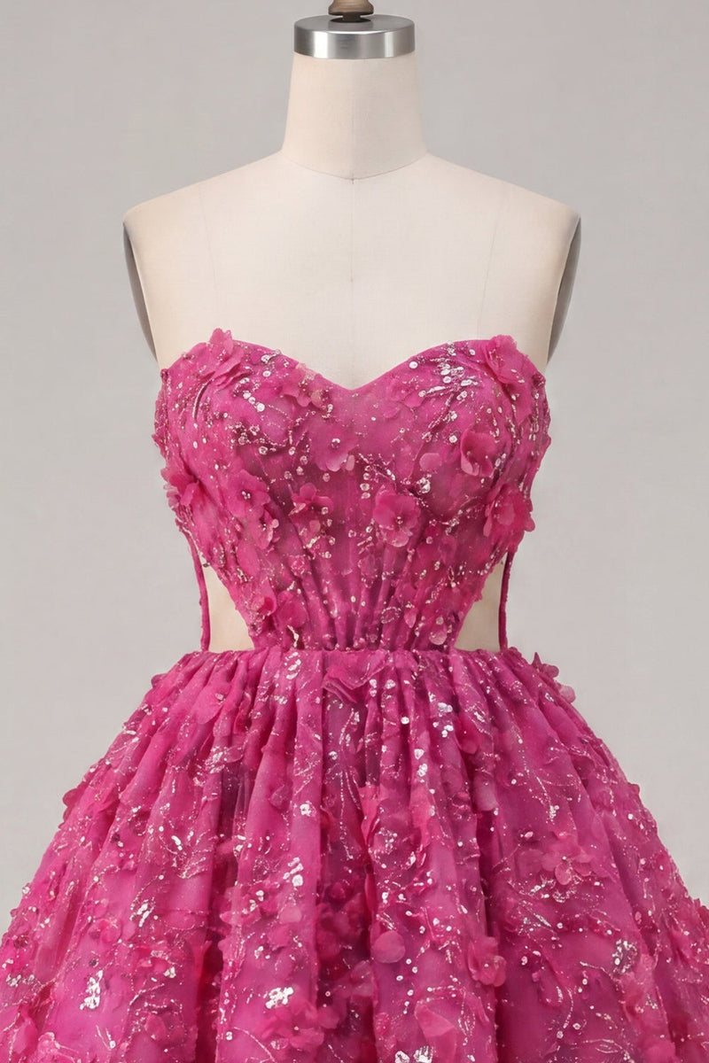 Laden Sie das Bild in den Galerie-Viewer, Glitzerndes fuchsiafarbenes Blumenkleid mit einem Schnitt aus Perlen und kurzem Homecoming-Kleidungskleid