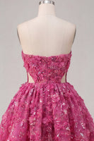 Laden Sie das Bild in den Galerie-Viewer, Glitzerndes fuchsiafarbenes Blumenkleid mit einem Schnitt aus Perlen und kurzem Homecoming-Kleidungskleid