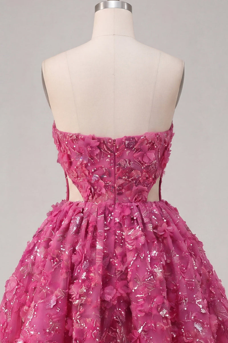 Laden Sie das Bild in den Galerie-Viewer, Glitzerndes fuchsiafarbenes Blumenkleid mit einem Schnitt aus Perlen und kurzem Homecoming-Kleidungskleid