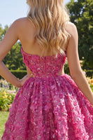 Laden Sie das Bild in den Galerie-Viewer, Glitzerndes fuchsiafarbenes Blumenkleid mit einem Schnitt aus Perlen und kurzem Homecoming-Kleidungskleid