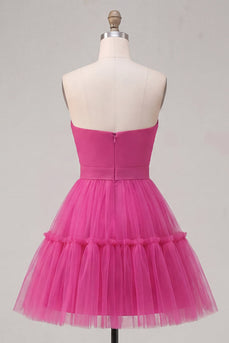 Fuchsia A Line Sweetheart gerafftes kurzes Homecoming-Kleid mit Schleife