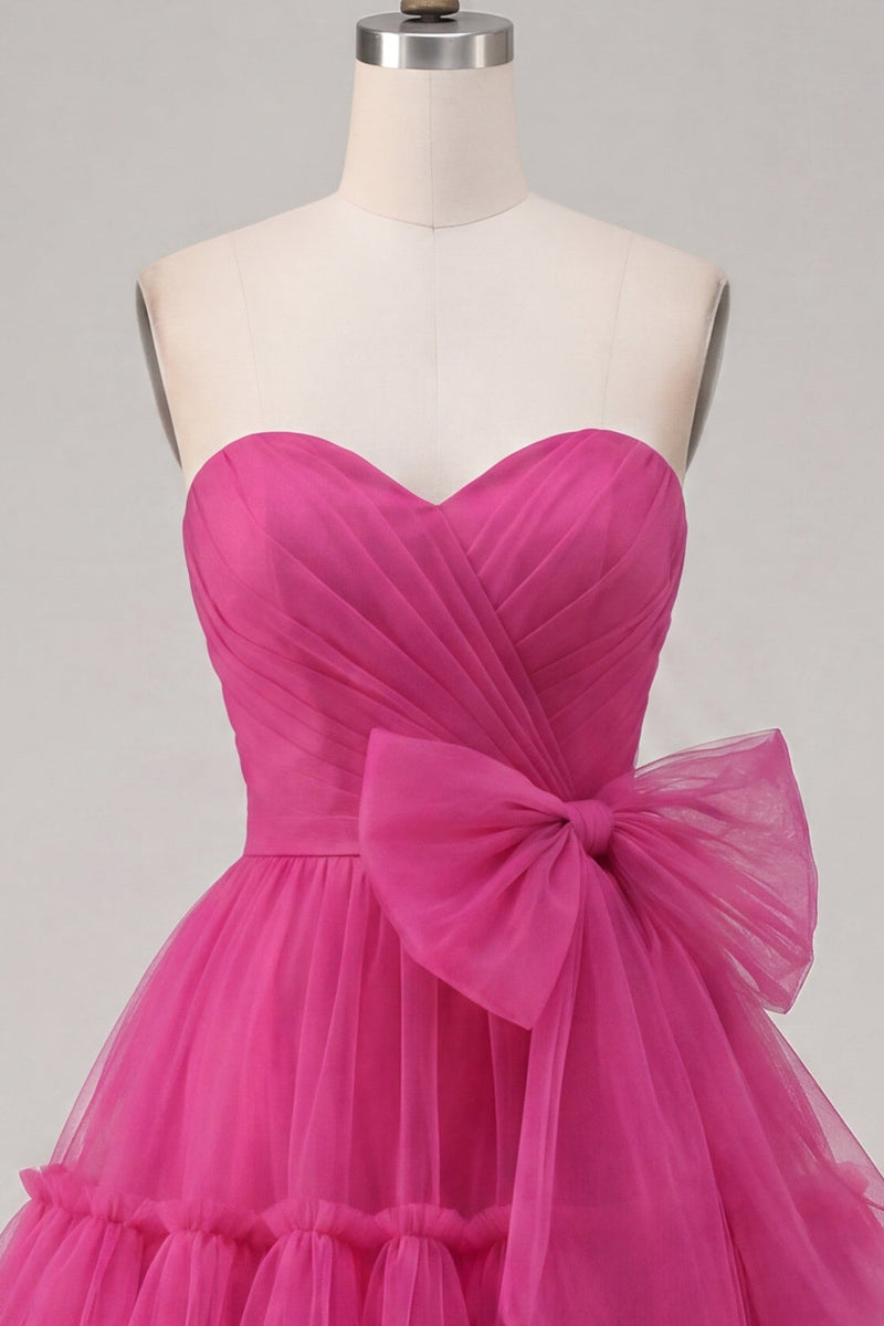 Laden Sie das Bild in den Galerie-Viewer, Fuchsia A Line Sweetheart gerafftes kurzes Homecoming-Kleid mit Schleife