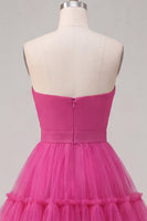 Laden Sie das Bild in den Galerie-Viewer, Fuchsia A Line Sweetheart gerafftes kurzes Homecoming-Kleid mit Schleife