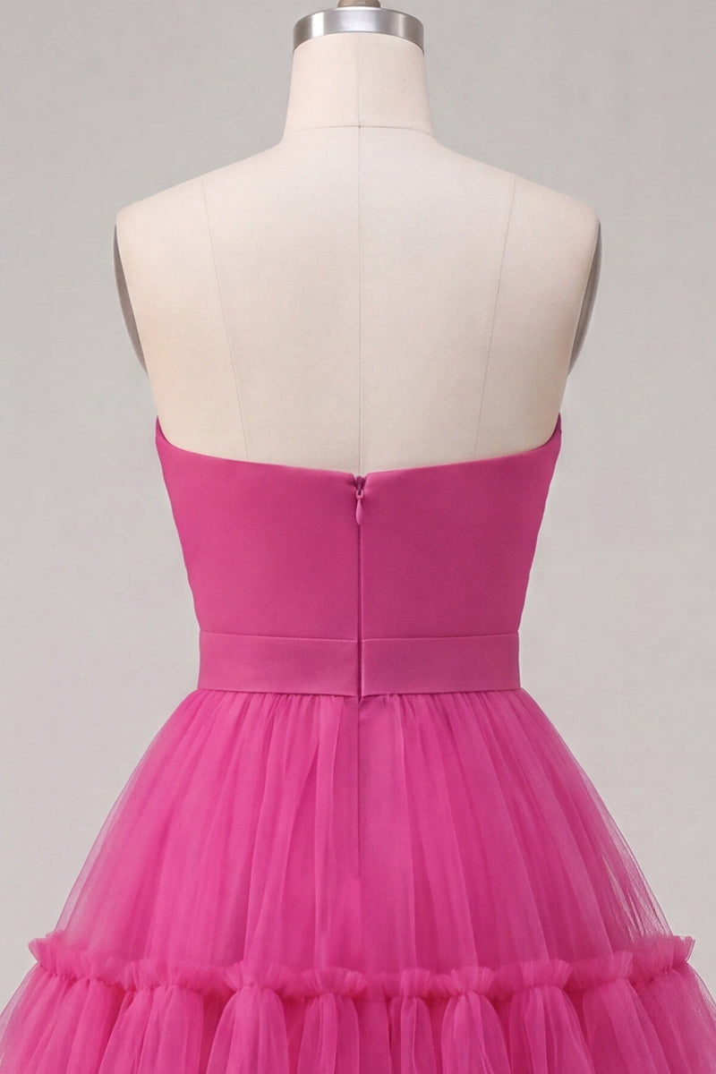 Laden Sie das Bild in den Galerie-Viewer, Fuchsia A Line Sweetheart gerafftes kurzes Homecoming-Kleid mit Schleife