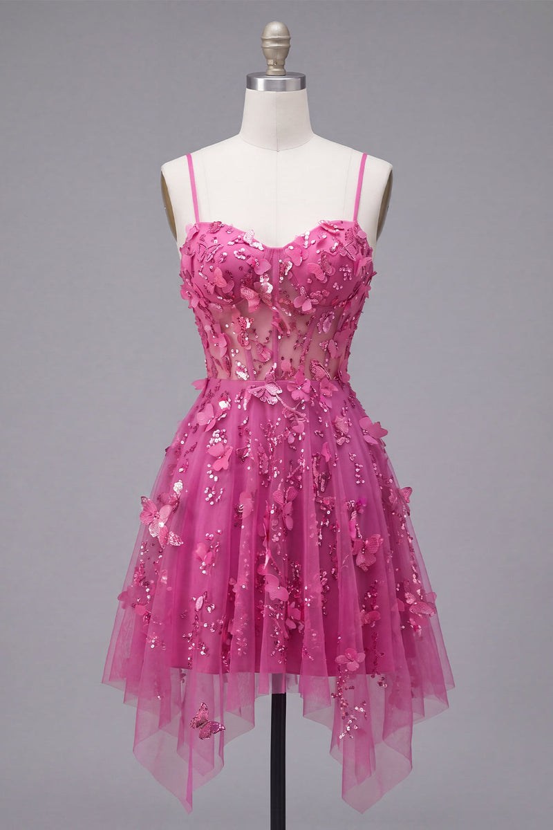Laden Sie das Bild in den Galerie-Viewer, Ein kurzes, florales Heimkehrkleid mit glitzerndem Fuchsiafarbenen Korsett, das mit Perlen besetzt ist
