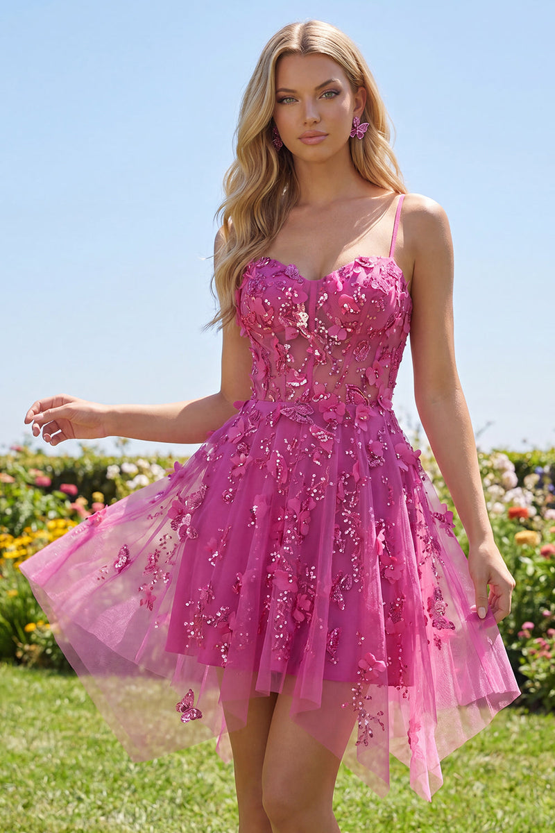 Laden Sie das Bild in den Galerie-Viewer, Ein kurzes, florales Heimkehrkleid mit glitzerndem Fuchsiafarbenen Korsett, das mit Perlen besetzt ist