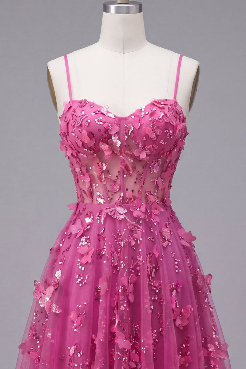 Laden Sie das Bild in den Galerie-Viewer, Ein kurzes, florales Heimkehrkleid mit glitzerndem Fuchsiafarbenen Korsett, das mit Perlen besetzt ist