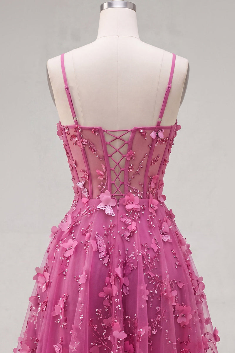 Laden Sie das Bild in den Galerie-Viewer, Ein kurzes, florales Heimkehrkleid mit glitzerndem Fuchsiafarbenen Korsett, das mit Perlen besetzt ist