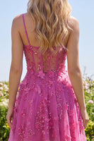 Laden Sie das Bild in den Galerie-Viewer, Ein kurzes, florales Heimkehrkleid mit glitzerndem Fuchsiafarbenen Korsett, das mit Perlen besetzt ist