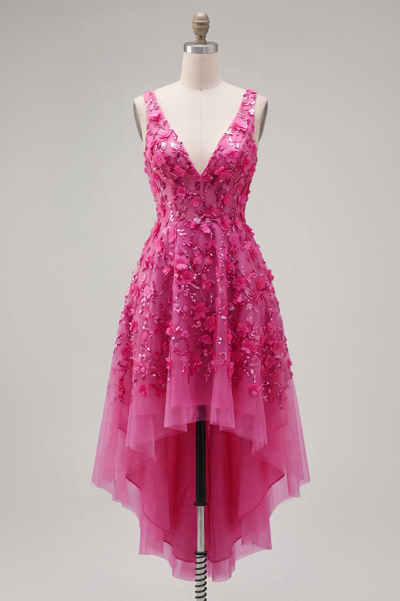Laden Sie das Bild in den Galerie-Viewer, Glitzerndes Fuchsiafarbenes Perlenbesetztes High-Low-A-Linie Homecoming-Kleid