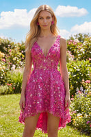 Laden Sie das Bild in den Galerie-Viewer, Glitzerndes Fuchsiafarbenes Perlenbesetztes High-Low-A-Linie Homecoming-Kleid