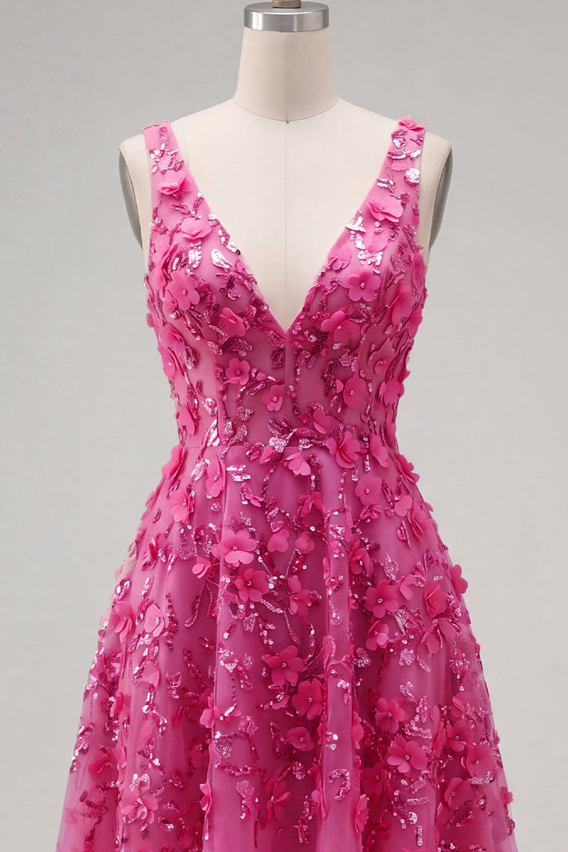 Laden Sie das Bild in den Galerie-Viewer, Glitzerndes Fuchsiafarbenes Perlenbesetztes High-Low-A-Linie Homecoming-Kleid