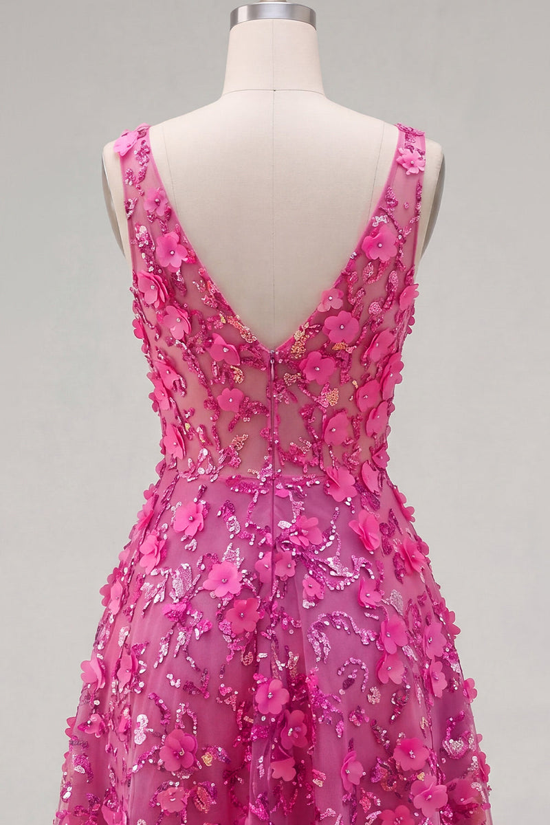 Laden Sie das Bild in den Galerie-Viewer, Glitzerndes Fuchsiafarbenes Perlenbesetztes High-Low-A-Linie Homecoming-Kleid