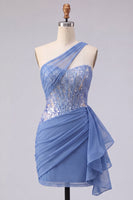 Laden Sie das Bild in den Galerie-Viewer, Glitzerndes graublaues gerafftes Korsett, enges kurzes Homecoming-Kleid mit Spitze
