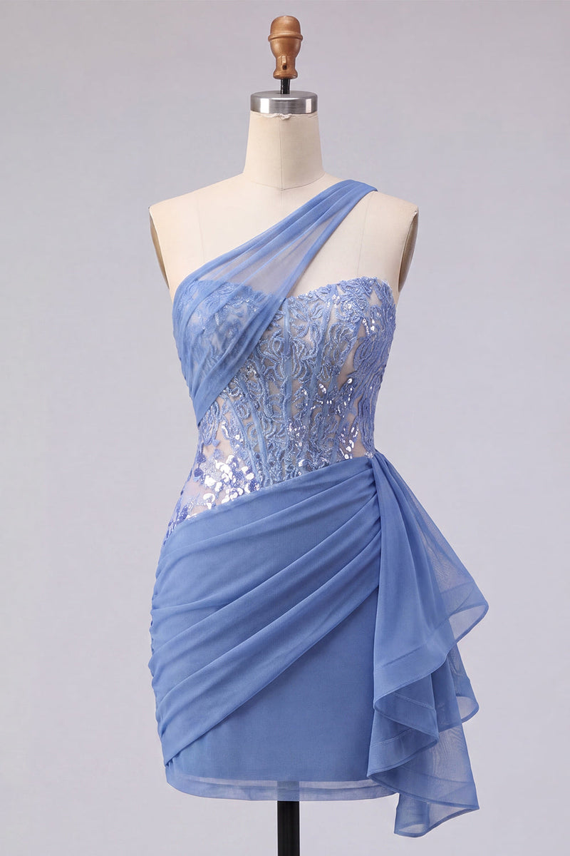 Laden Sie das Bild in den Galerie-Viewer, Glitzerndes graublaues gerafftes Korsett, enges kurzes Homecoming-Kleid mit Spitze