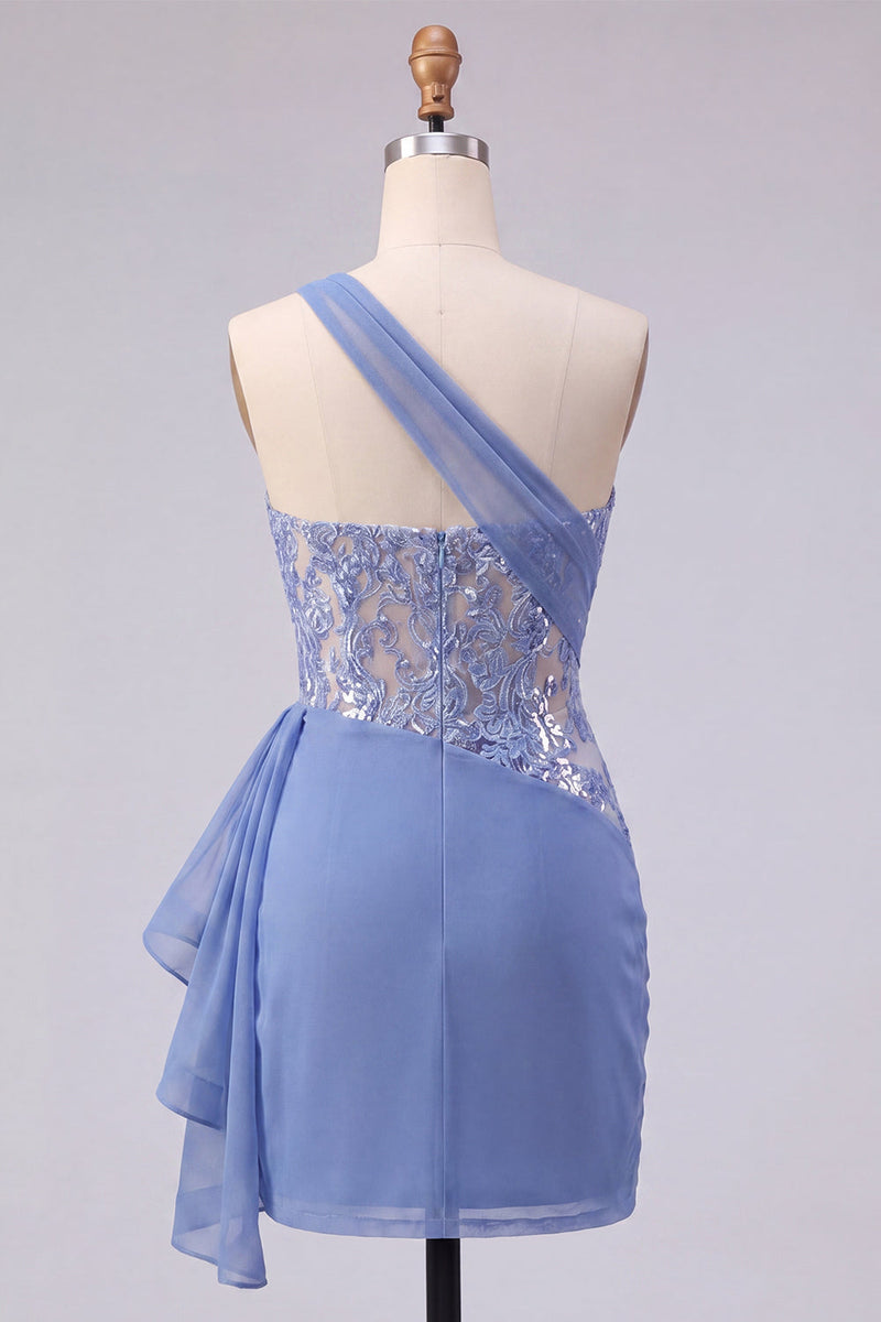 Laden Sie das Bild in den Galerie-Viewer, Glitzerndes graublaues gerafftes Korsett, enges kurzes Homecoming-Kleid mit Spitze