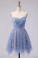 Laden Sie das Bild in den Galerie-Viewer, Glitzerndes graublaues, gerafftes Korsett-Homecoming-Kleid mit Spitze