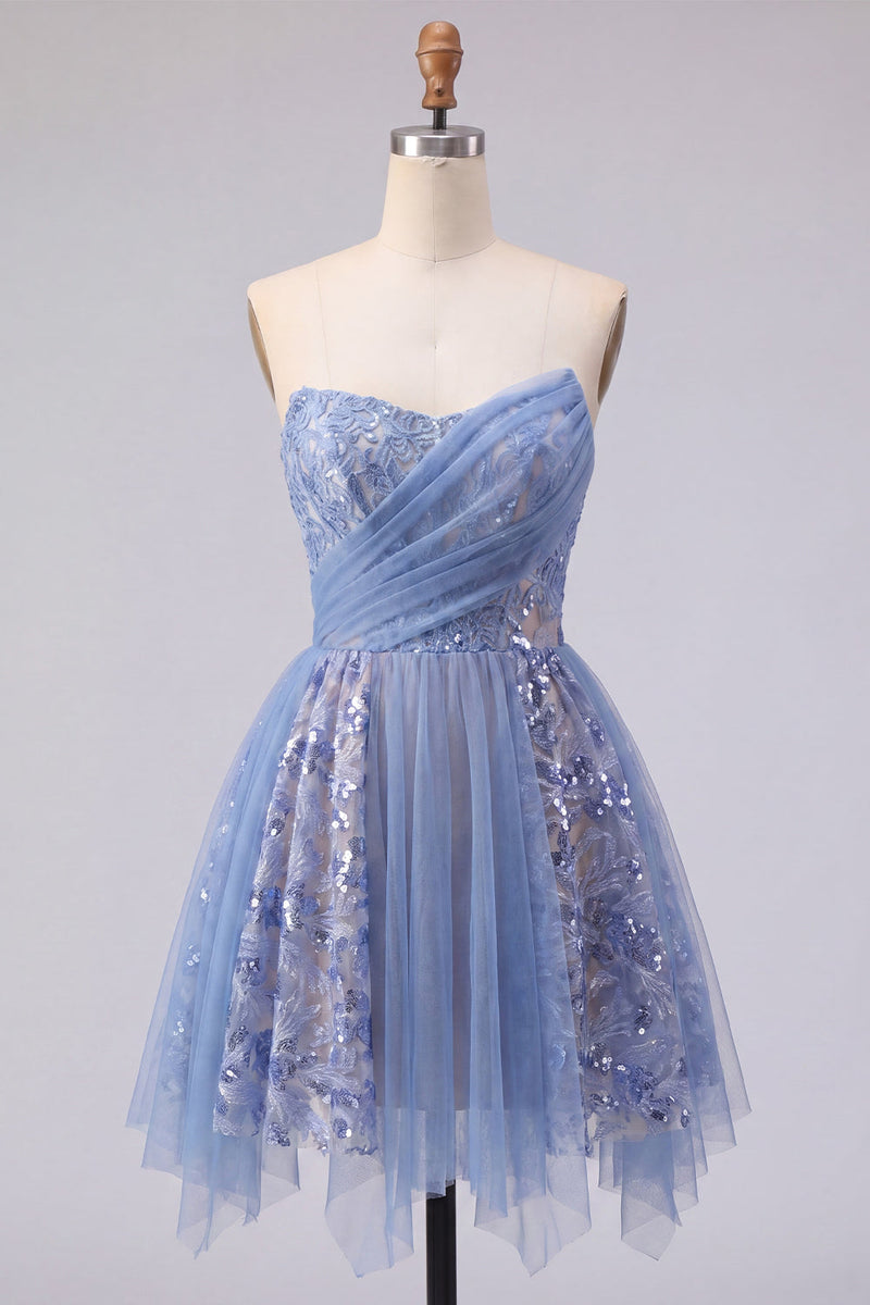 Laden Sie das Bild in den Galerie-Viewer, Glitzerndes graublaues, gerafftes Korsett-Homecoming-Kleid mit Spitze