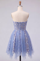 Laden Sie das Bild in den Galerie-Viewer, Glitzerndes graublaues, gerafftes Korsett-Homecoming-Kleid mit Spitze