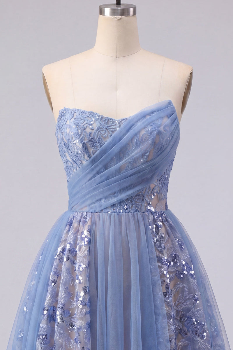Laden Sie das Bild in den Galerie-Viewer, Glitzerndes graublaues, gerafftes Korsett-Homecoming-Kleid mit Spitze