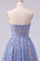 Laden Sie das Bild in den Galerie-Viewer, Glitzerndes graublaues, gerafftes Korsett-Homecoming-Kleid mit Spitze