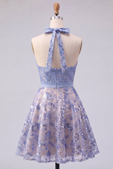 Glitzerndes graublaues Neckholder, das mit Perlen besetzt ist, kurzes Homecoming-Kleid mit Schleife