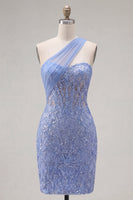 Laden Sie das Bild in den Galerie-Viewer, Glitzerndes graublaues Korsett, eine Schulter enges kurzes Spitzen-Homecoming-Kleid