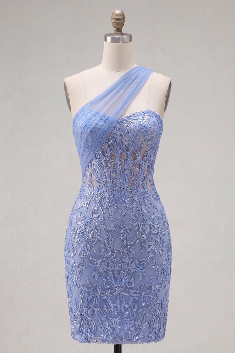 Laden Sie das Bild in den Galerie-Viewer, Glitzerndes graublaues Korsett, eine Schulter enges kurzes Spitzen-Homecoming-Kleid