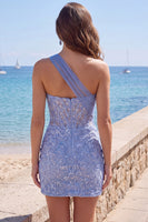 Laden Sie das Bild in den Galerie-Viewer, Glitzerndes graublaues Korsett, eine Schulter enges kurzes Spitzen-Homecoming-Kleid
