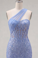 Laden Sie das Bild in den Galerie-Viewer, Glitzerndes graublaues Korsett, eine Schulter enges kurzes Spitzen-Homecoming-Kleid