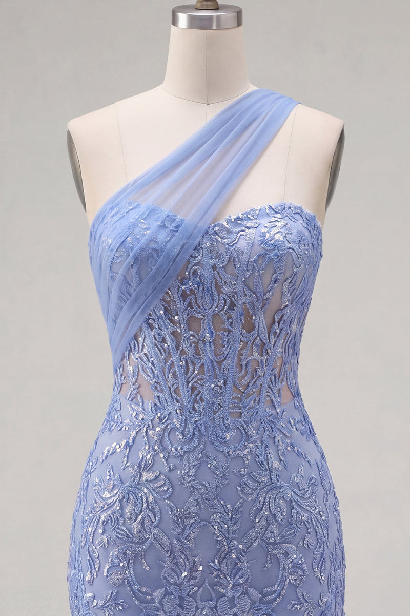 Laden Sie das Bild in den Galerie-Viewer, Glitzerndes graublaues Korsett, eine Schulter enges kurzes Spitzen-Homecoming-Kleid
