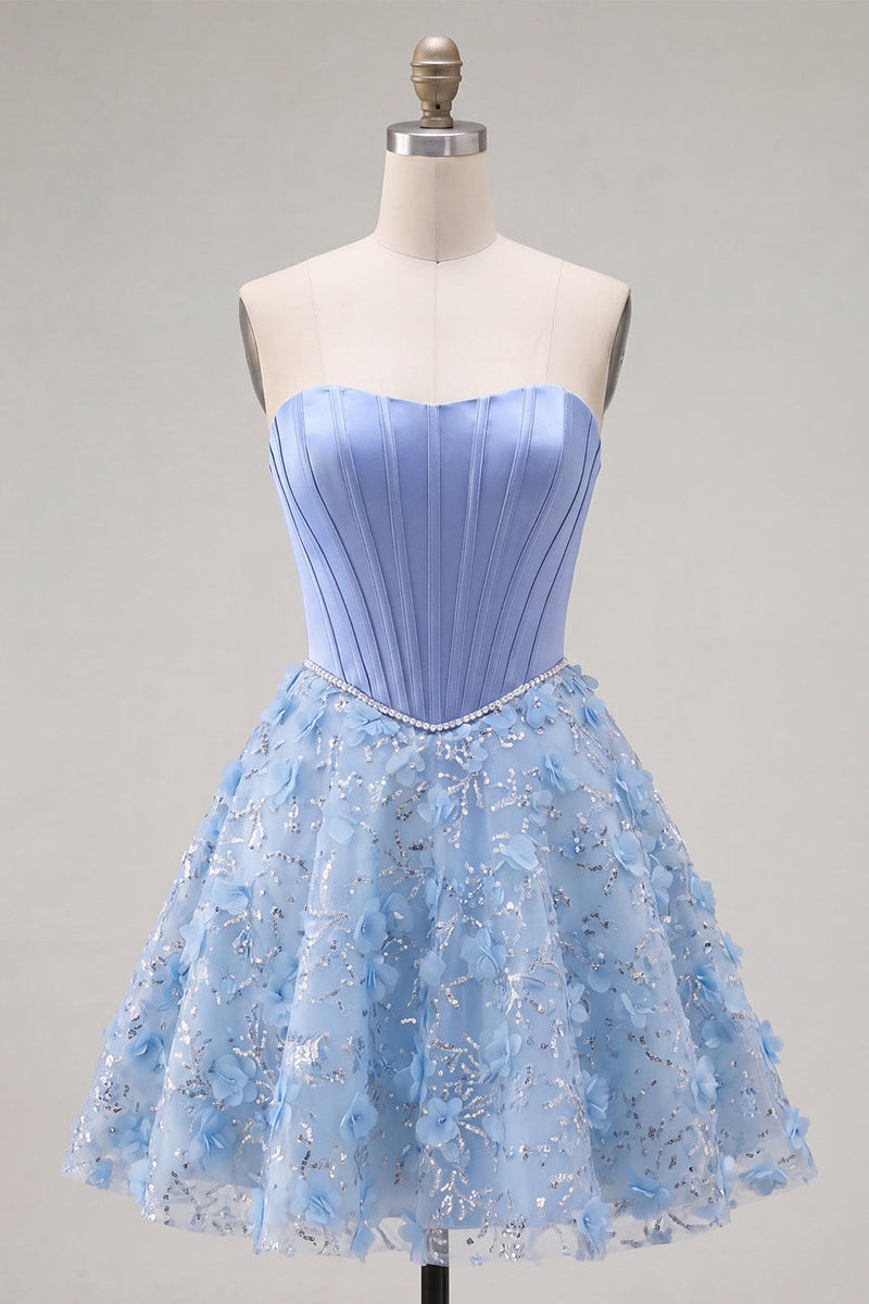Laden Sie das Bild in den Galerie-Viewer, Glitzerndes blaues A-Line-Trägerloses, perlenbesetztes kurzes Korsett-Homecoming-Kleid