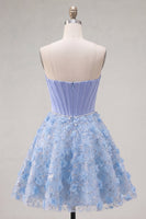 Laden Sie das Bild in den Galerie-Viewer, Glitzerndes blaues A-Line-Trägerloses, perlenbesetztes kurzes Korsett-Homecoming-Kleid