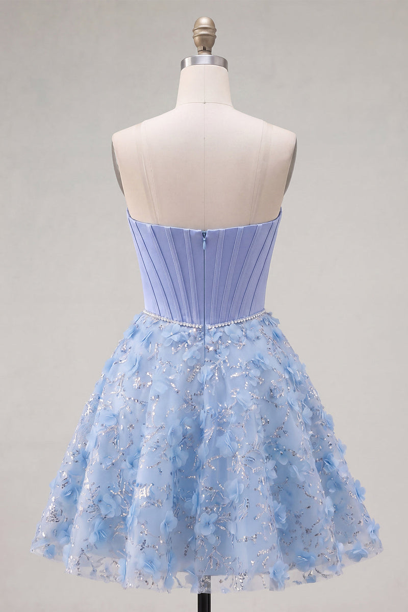 Laden Sie das Bild in den Galerie-Viewer, Glitzerndes blaues A-Line-Trägerloses, perlenbesetztes kurzes Korsett-Homecoming-Kleid
