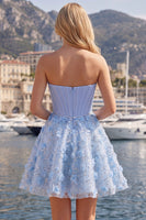 Laden Sie das Bild in den Galerie-Viewer, Glitzerndes blaues A-Line-Trägerloses, perlenbesetztes kurzes Korsett-Homecoming-Kleid