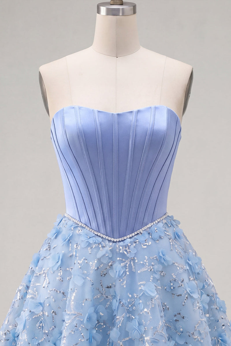 Laden Sie das Bild in den Galerie-Viewer, Glitzerndes blaues A-Line-Trägerloses, perlenbesetztes kurzes Korsett-Homecoming-Kleid