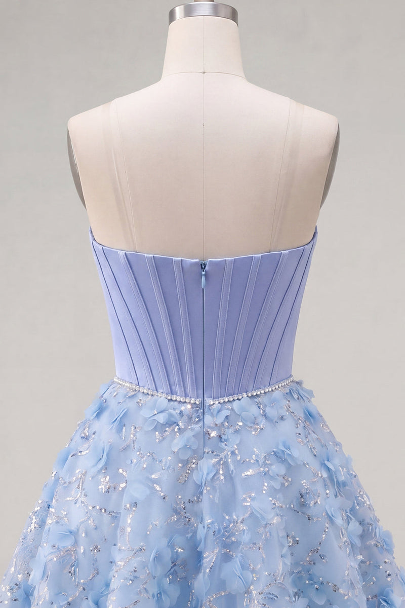 Laden Sie das Bild in den Galerie-Viewer, Glitzerndes blaues A-Line-Trägerloses, perlenbesetztes kurzes Korsett-Homecoming-Kleid
