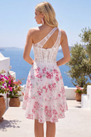 Laden Sie das Bild in den Galerie-Viewer, Weiße Fuchsiablume A-Linie Schlüsselloch-Kurzkorsett Homecoming-Kleid mit Rüschen