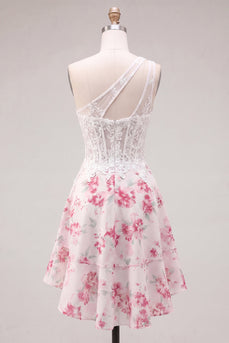 Weiße Fuchsiablume A-Linie Schlüsselloch-Kurzkorsett Homecoming-Kleid mit Rüschen