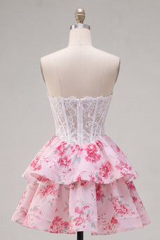 Weiße Fuchsienblume trägerlose A-Linie Korsett Kurzes Homecoming-Kleid mit Rüschen