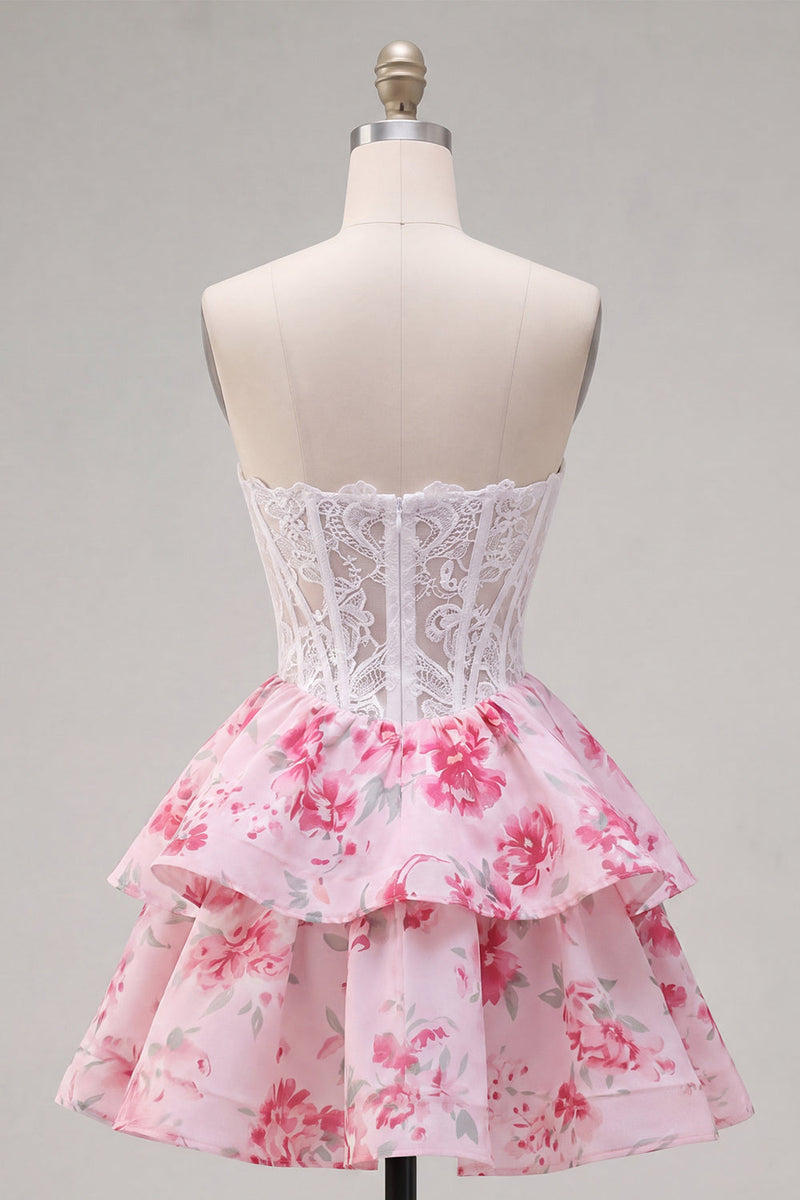 Laden Sie das Bild in den Galerie-Viewer, Weiße Fuchsienblume trägerlose A-Linie Korsett Kurzes Homecoming-Kleid mit Rüschen
