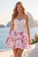 Laden Sie das Bild in den Galerie-Viewer, Weiße Fuchsienblume trägerlose A-Linie Korsett Kurzes Homecoming-Kleid mit Rüschen