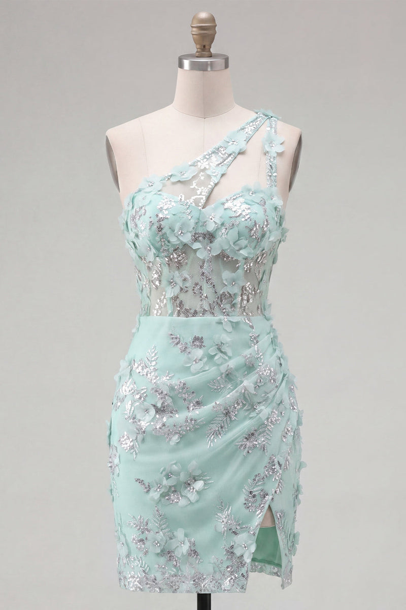 Laden Sie das Bild in den Galerie-Viewer, Mint Einschulter Korsett Floraler Bodycon Appliquiertes Kurzes Abendkleid mit Schlitz