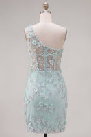 Laden Sie das Bild in den Galerie-Viewer, Mint Einschulter Korsett Floraler Bodycon Appliquiertes Kurzes Abendkleid mit Schlitz