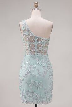 Mint Einschulter Korsett Floraler Bodycon Appliquiertes Kurzes Abendkleid mit Schlitz