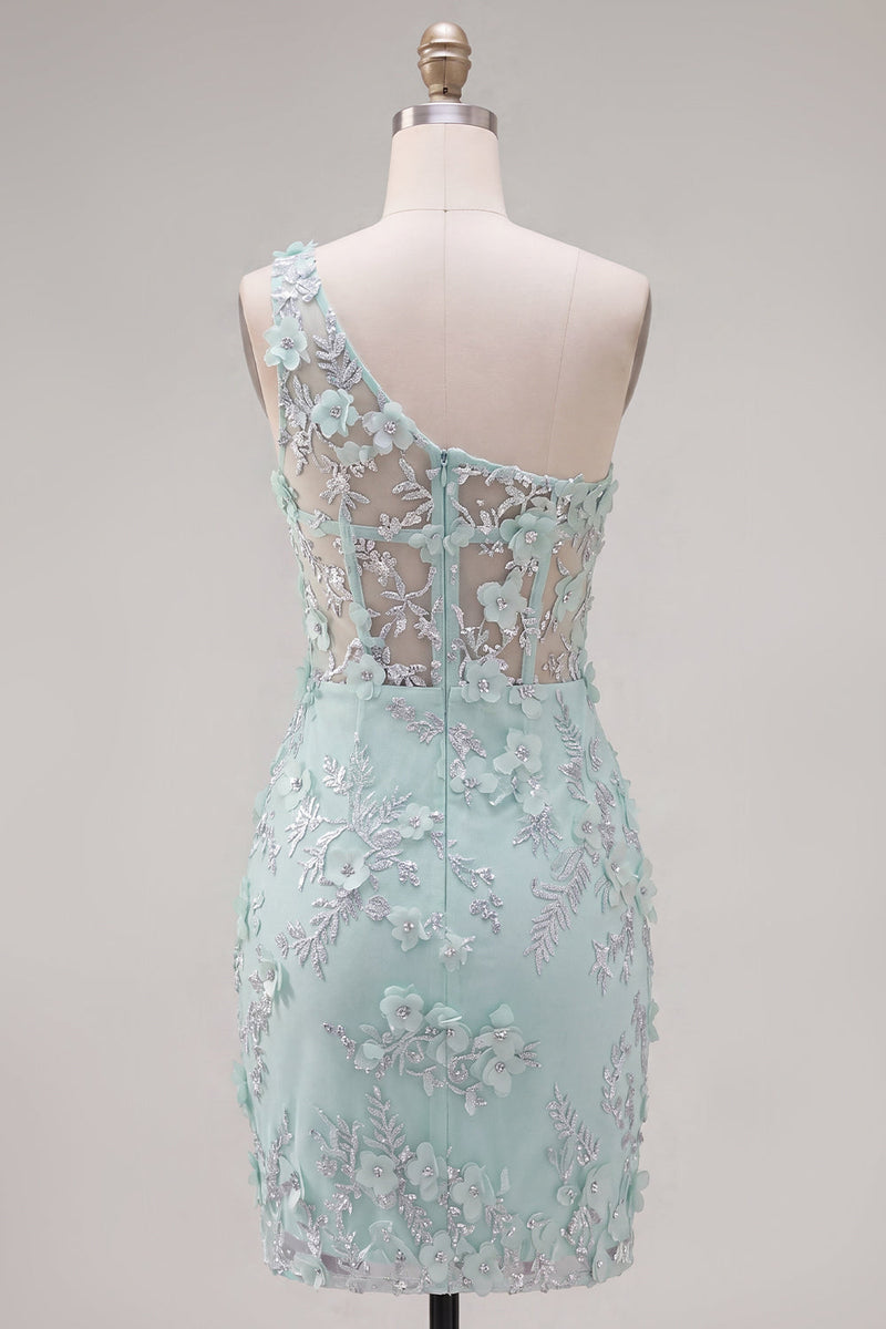 Laden Sie das Bild in den Galerie-Viewer, Mint Einschulter Korsett Floraler Bodycon Appliquiertes Kurzes Abendkleid mit Schlitz